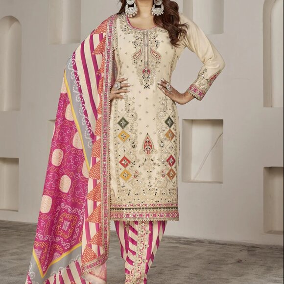 Designer Premium Chinnon Silk Ivory Beige Punjabi Style Dhoti Salwar Suit - Picture 4 of 4